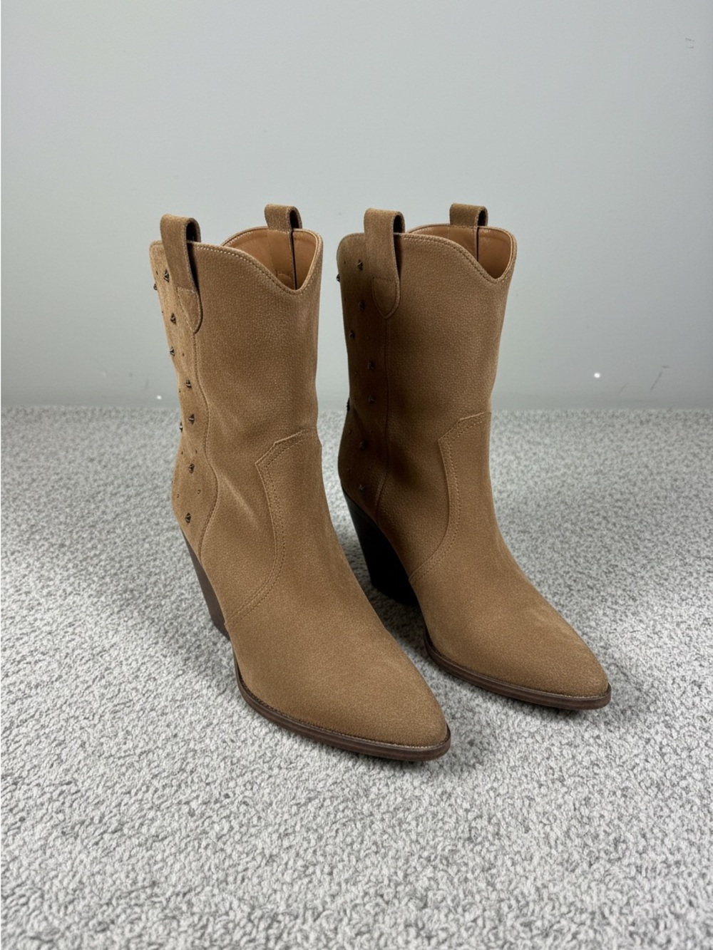 Women's Tan Suede Western Booties - Stylish Mid Heel